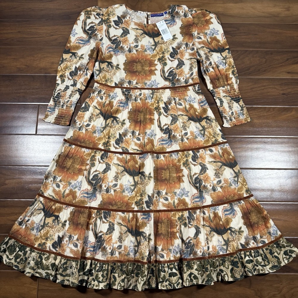 Ro's Garden Women's Size Large Floral Robin Tiered Midi Dress Long Sleeve